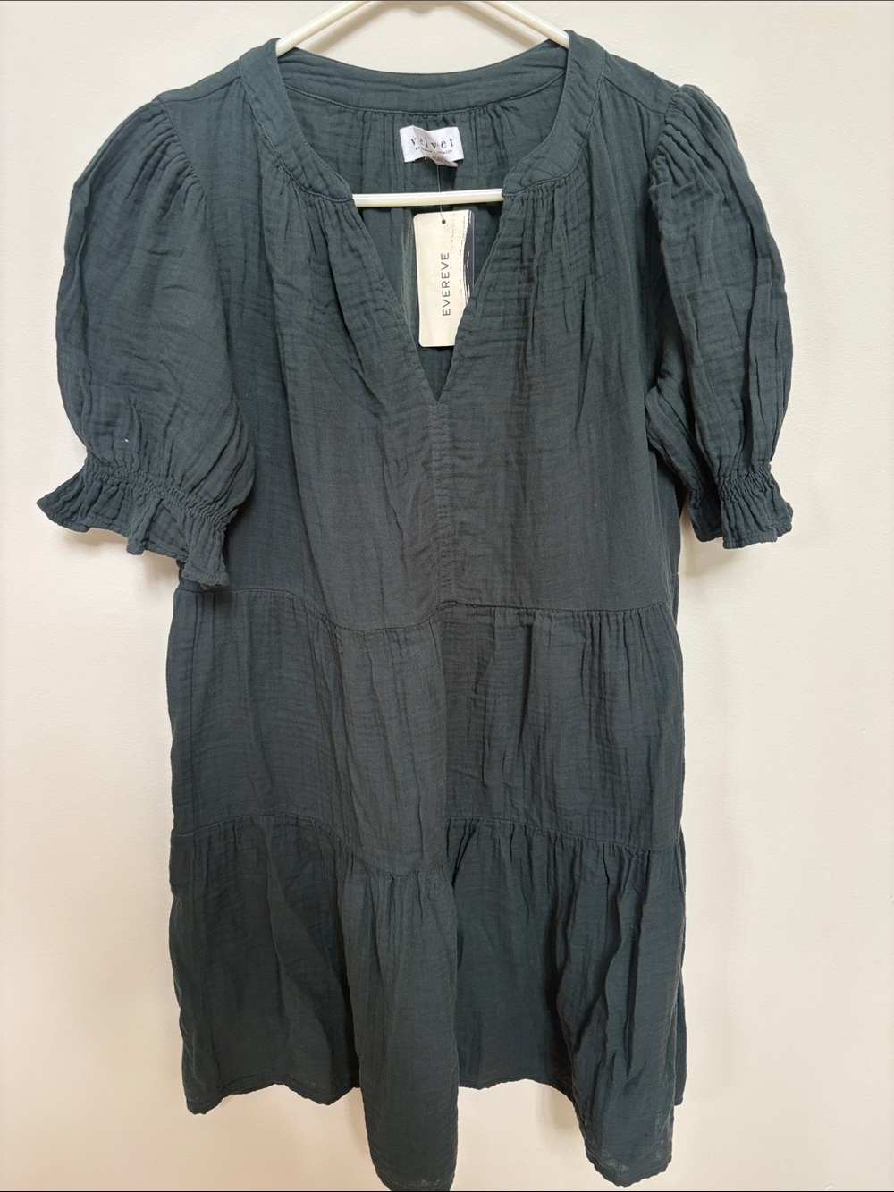 Velvet Slate Green Gauze Mini Dress with Puff Sleeves